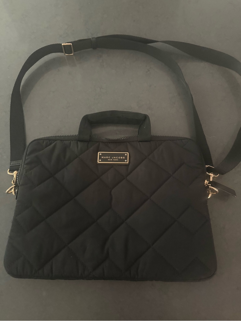 Marc Jacobs Black Quilted Laptop Shoulder Bag with Gold Hardware